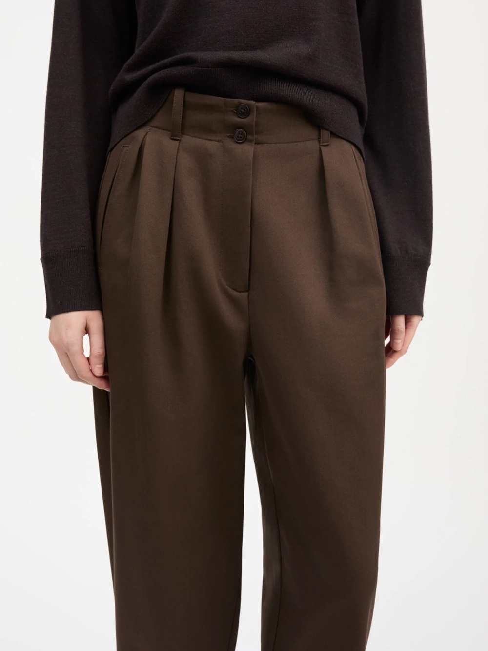 Tailored High-Waist Pleated Trousers in Chocolate Brown